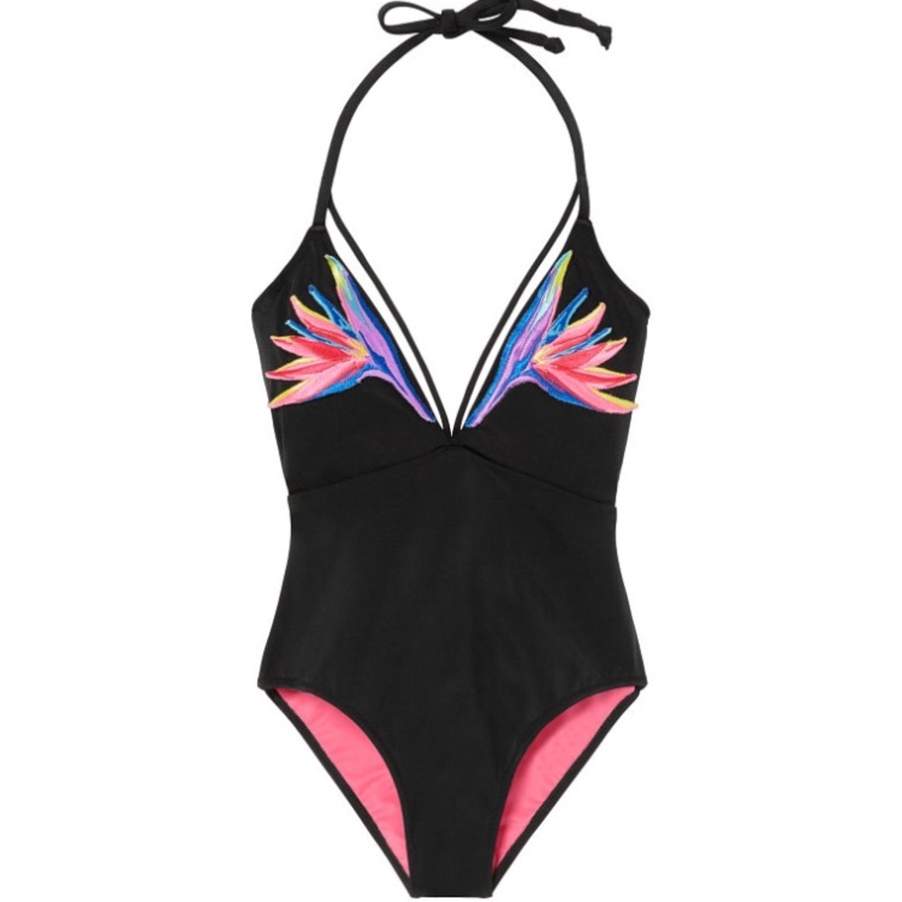 VS pink embroidered strappy plunge one piece swim